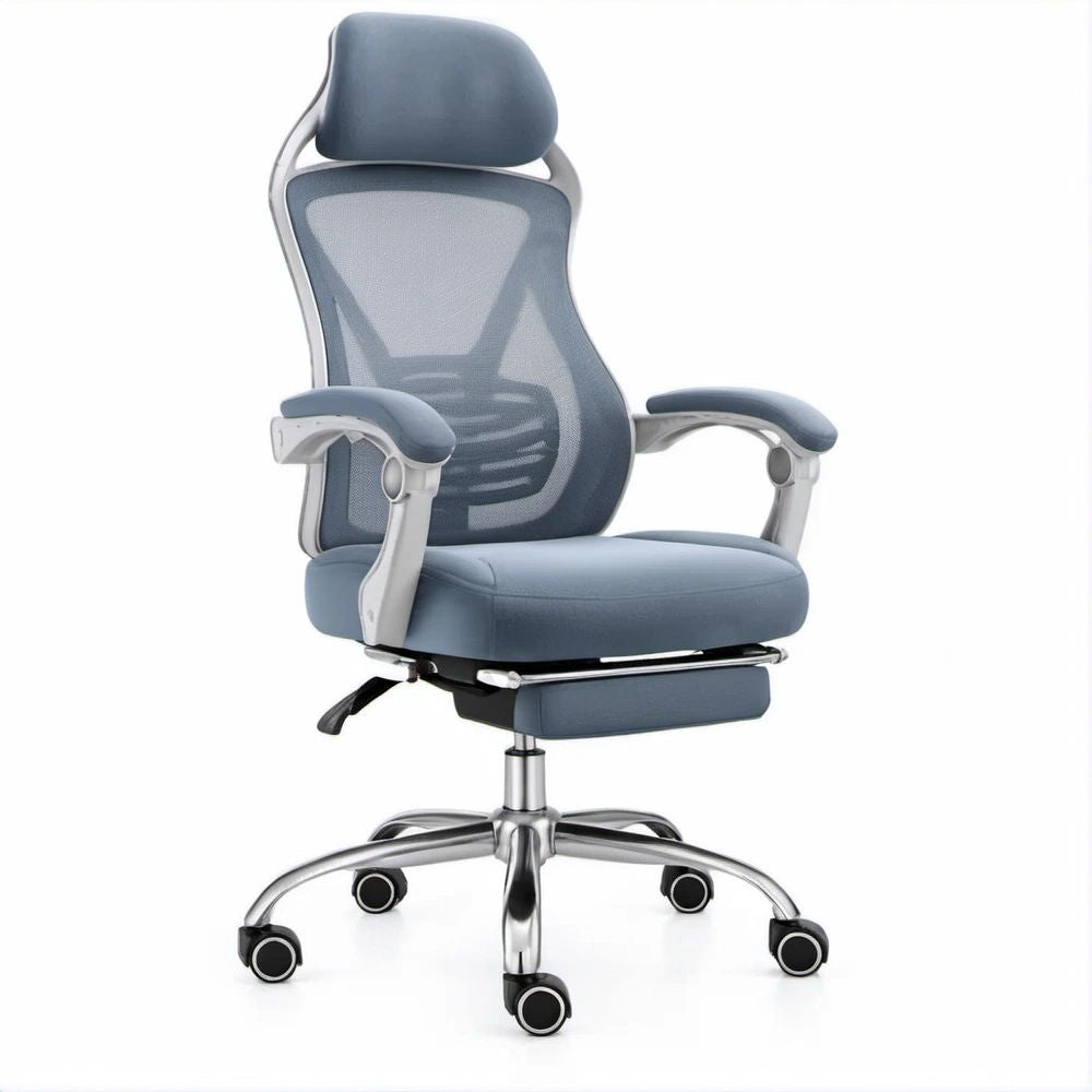 Ergonomischer Bürostuhl Blau/Grau mit Netzrücken, Kopfstütze und Fussstütze, 66 x 66 x 116–126 cm
