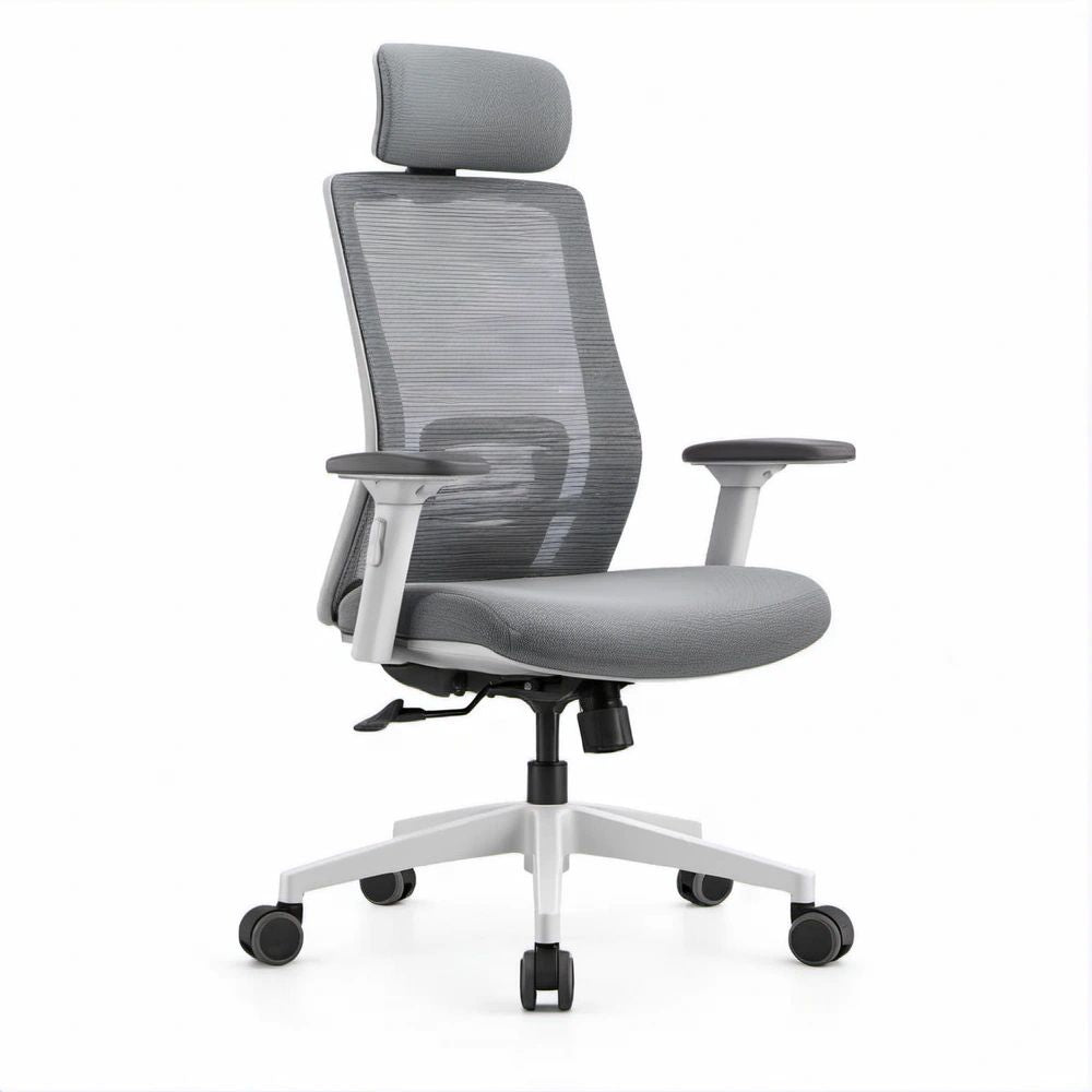 Ergonomischer Bürostuhl mit Kopfstütze und Lendenstütze, Grau/Weiss/Schwarz, 65 x 65 x 118–128 cm
