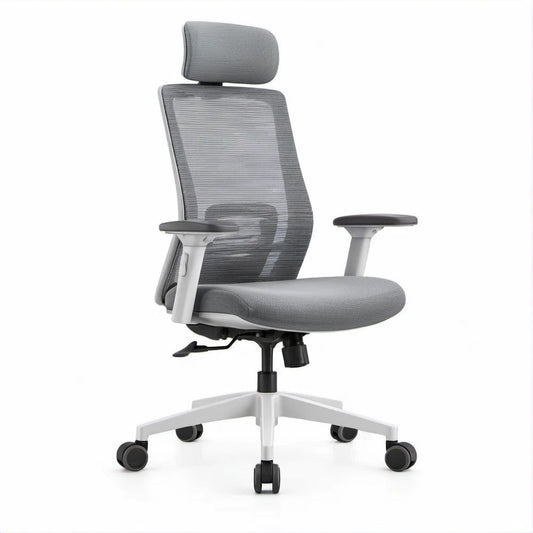 Ergonomischer Bürostuhl mit Kopfstütze und Lendenstütze, Grau/Weiss/Schwarz, 65 x 65 x 118–128 cm