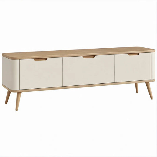 TV-Lowboard Creme/Naturholz aus MDF und Gummibaum, 180 x 40 x 55 cm, 4 Türen