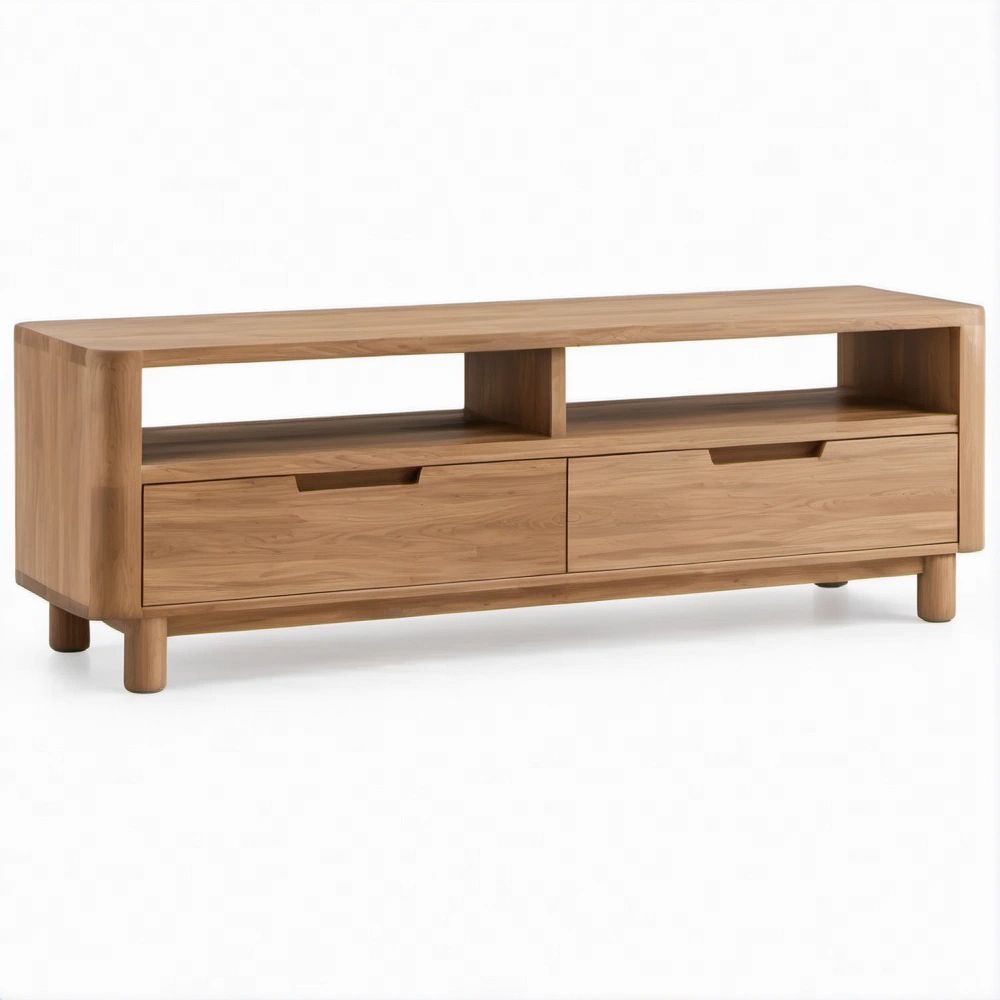 TV-Lowboard aus massivem Eichenholz, Natur, 180 x 45 x 60 cm, mit 2 Schubladen und 2 offenen Fächern