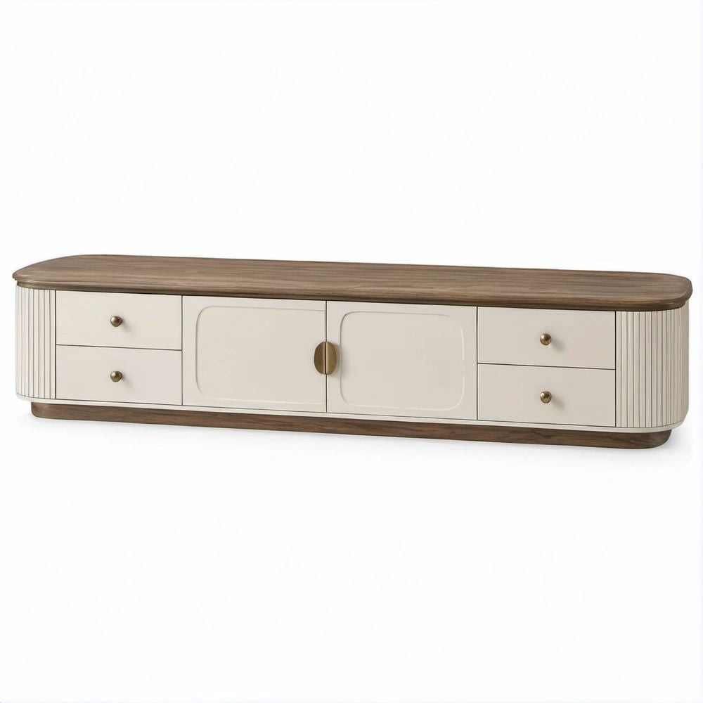 TV-Lowboard aus MDF in Cremeweiss, Walnussbraun und Gold, 200 x 40 x 55 cm
