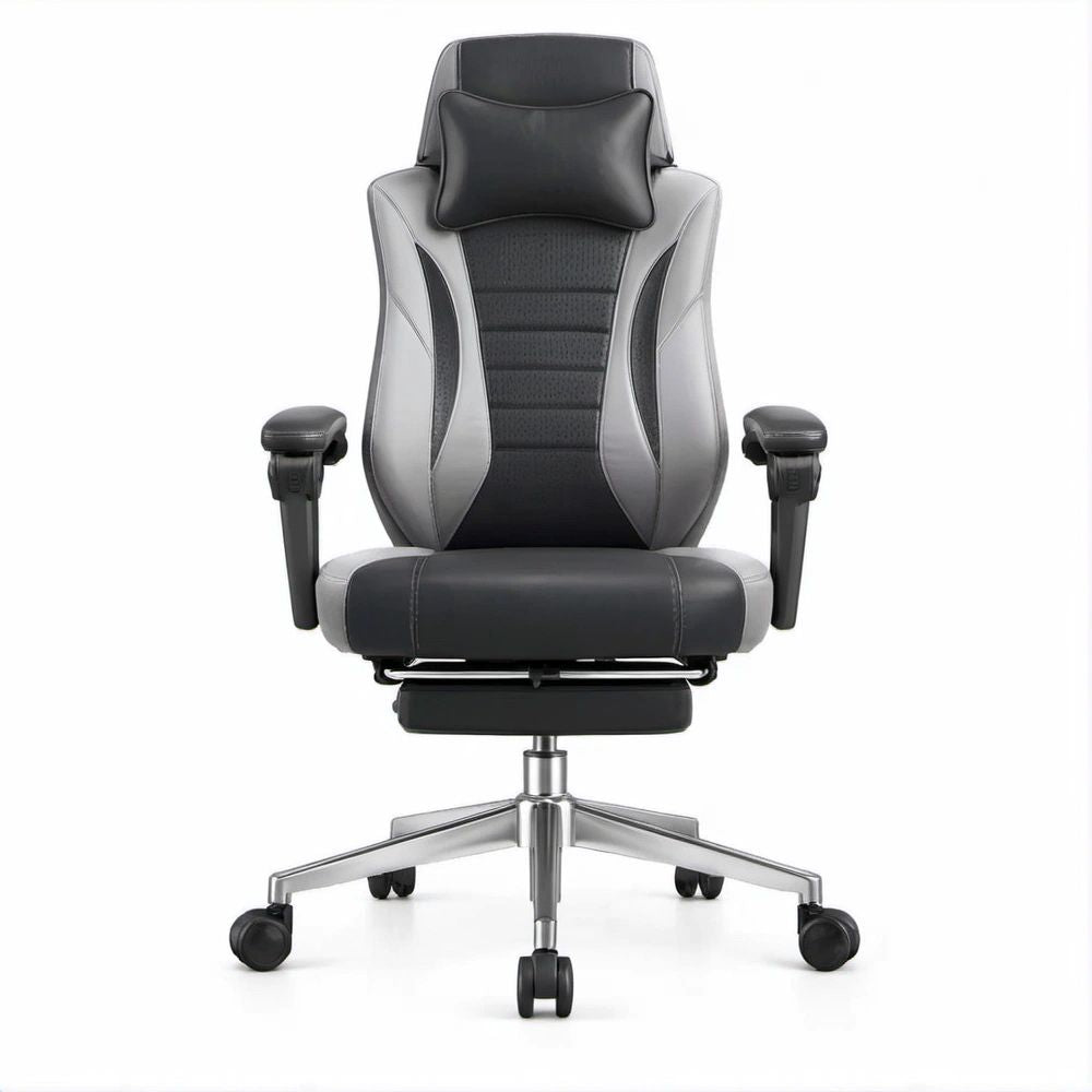 Ergonomischer Chefsessel aus PU-Kunstleder mit Fussstütze, Schwarz/Grau/Silber, 70 x 70 x 118–128 cm