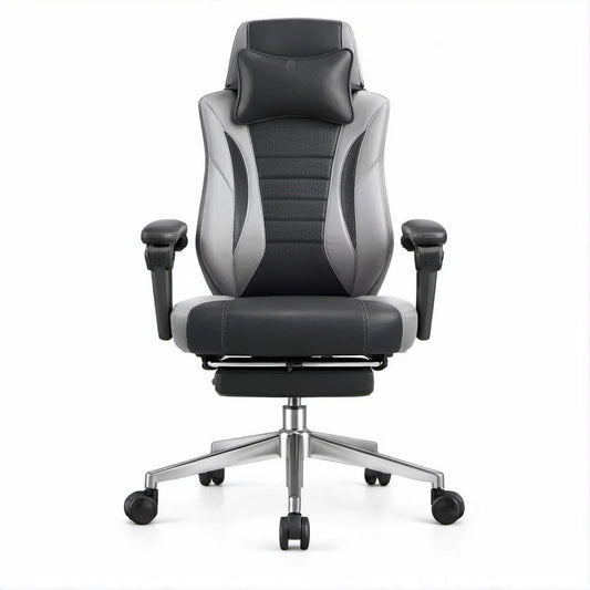 Ergonomischer Chefsessel aus PU-Kunstleder mit Fussstütze, Schwarz/Grau/Silber, 70 x 70 x 118–128 cm