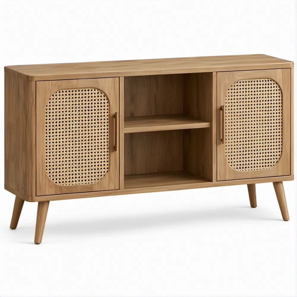 TV-Lowboard in Naturbraun/Beige mit Eichenholzdekor und Rattangeflecht, 120 x 40 x 75 cm