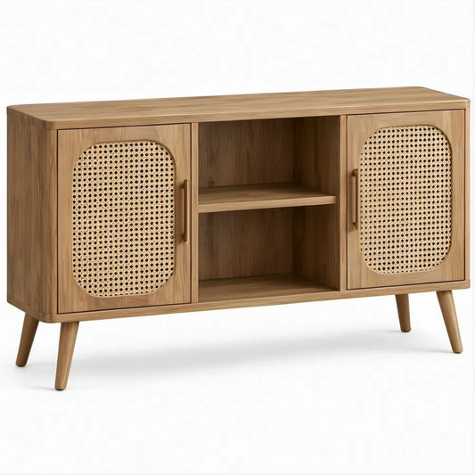 TV-Lowboard in Naturbraun/Beige mit Eichenholzdekor und Rattangeflecht, 120 x 40 x 75 cm