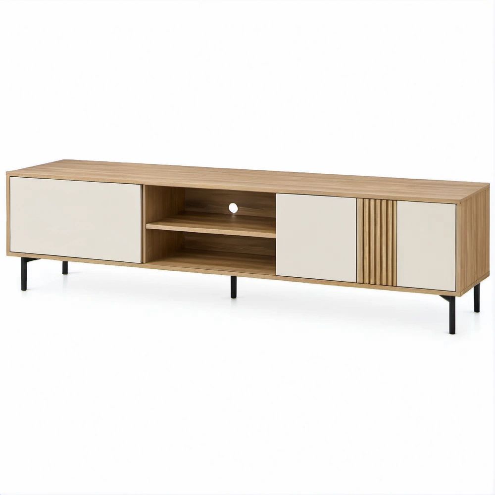 TV-Lowboard in Eichenoptik und Beige mit schwarzen Stahlfüssen, 180 × 40 × 50 cm