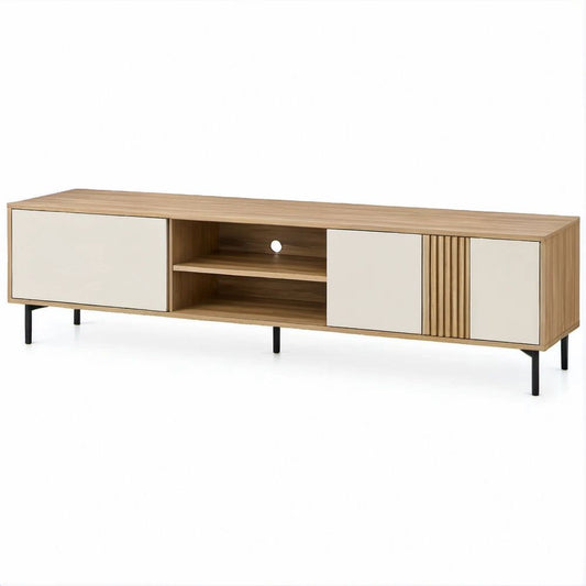 TV-Lowboard in Eichenoptik und Beige mit schwarzen Stahlfüssen, 180 × 40 × 50 cm