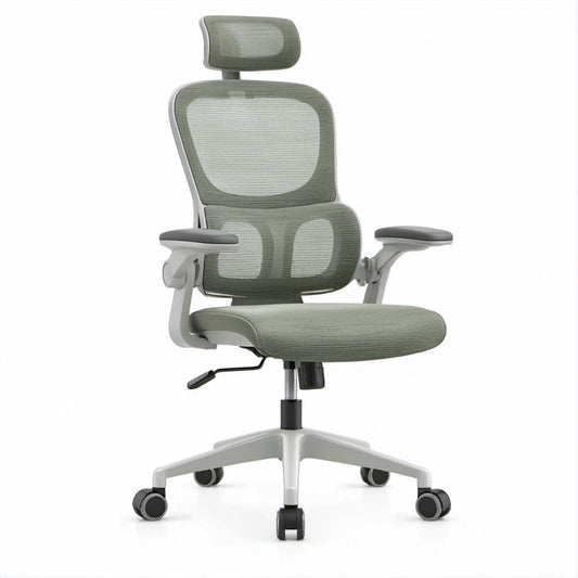 Ergonomischer Drehstuhl mit Kopfstütze und Netzrücken, Grau/Grün, 64 x 64 x 116–126 cm