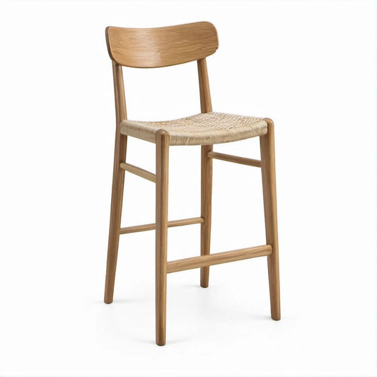 Barstuhl aus Eichenholz Naturbraun mit Sitzfläche aus Papierkordel Naturbeige, 45 x 52 x 100 cm